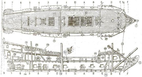 План палубы и разрез корпуса корабля Орёл